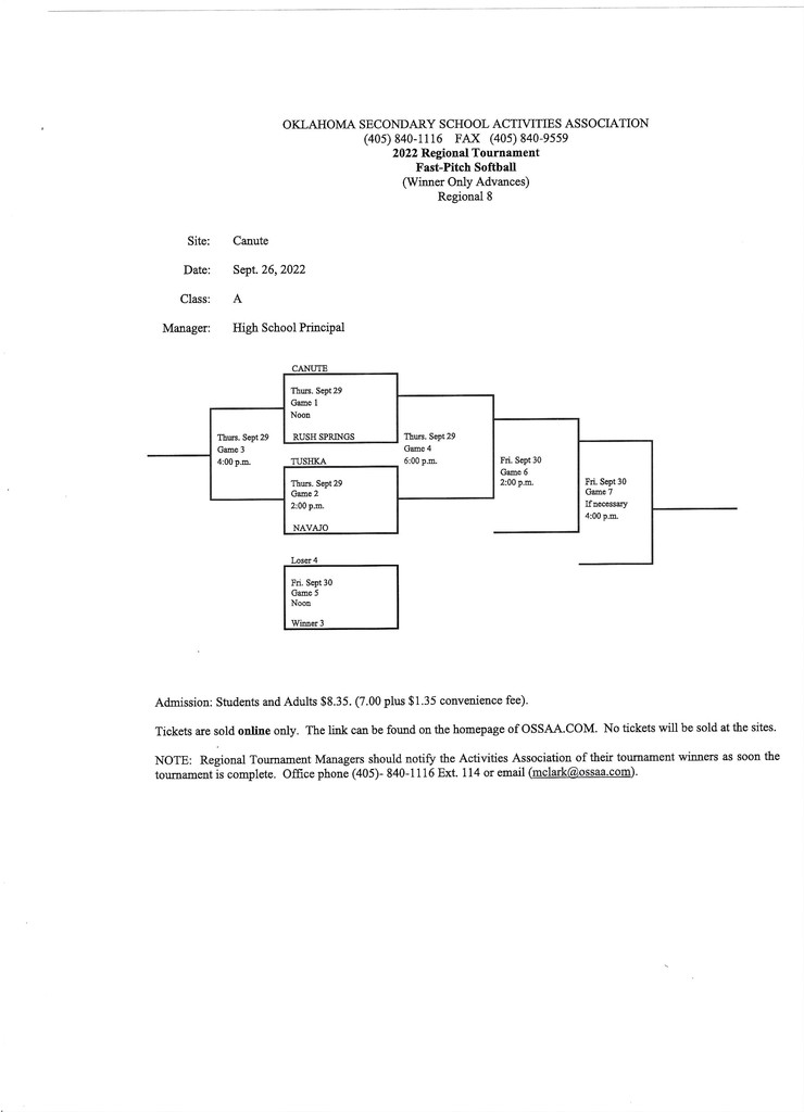 The Navajo High School Softball girls will be playing in the Regional Tournament on Thursday, Sept. 29th,  in Canute. Navajo will play Tushka at 2pm. 