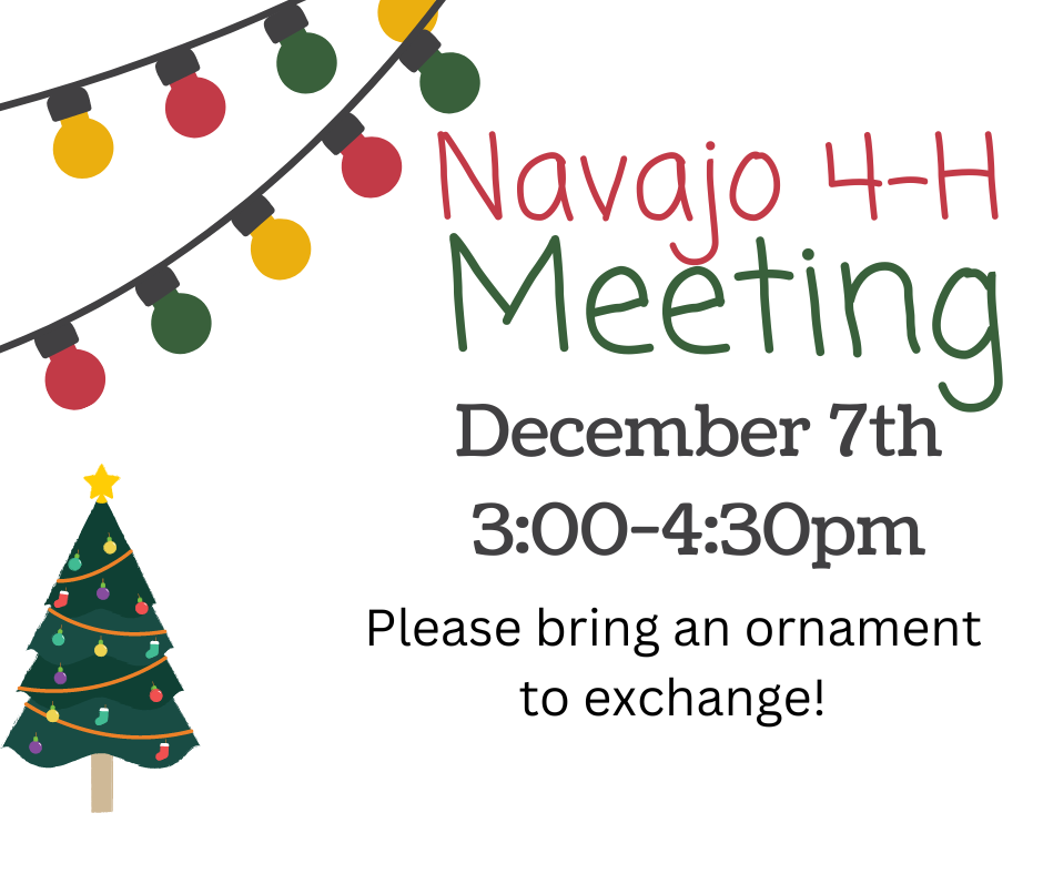 Our next Navajo 4-H meeting will be held this Wednesday, December 7th, from 3:00-4:30pm. There will be an ornament exchange, so if your member would like to participate, please bring an ornament to share! 