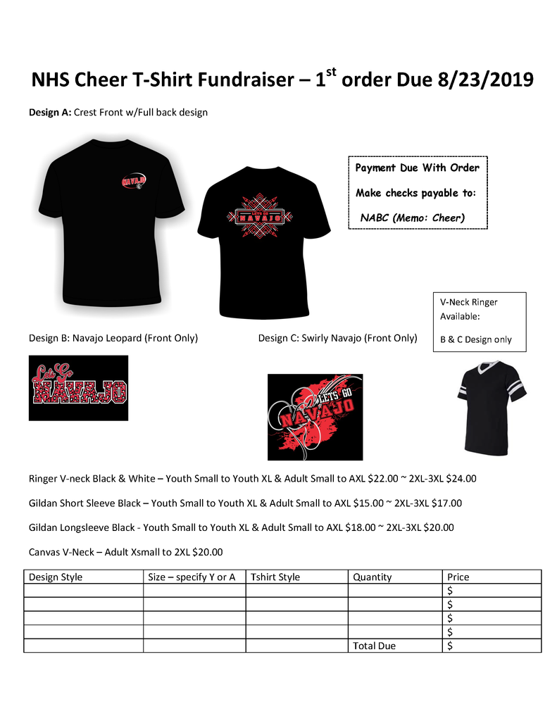 NHS Cheer T-Shirt Order Form. Predominantly black with a red and white graphic.